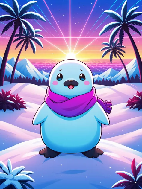 digital art, animal, cute seal, snow, synthwave, vivid colors, detailed