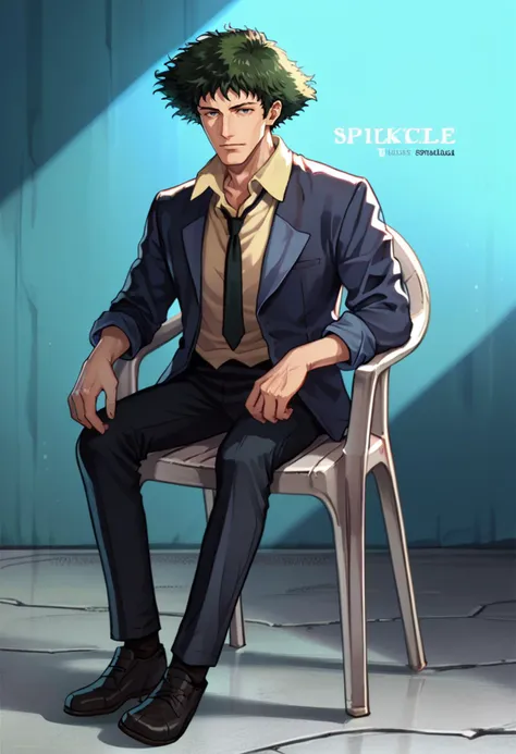 score_9, score_7_up, score_8_up, source_anime, solo, male focus, 1boy, spikespiegel, expressionless, looking at viewer, plastic chair, sitting, leaning, formal, suit, jacket, necktie, sleeves rolled up, pants, shoes, science fiction <lora:cowboybebop_spike_ponyXL-000008:1> <lora:PlasticChair_XLPD:1>