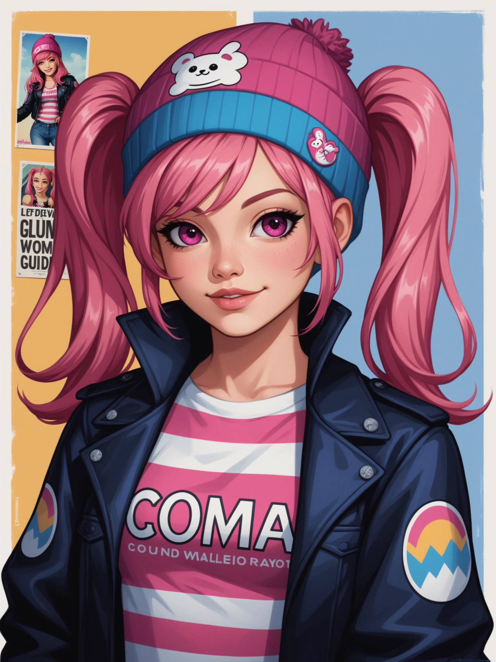 poster by tom whalen, digital art, upper body photo of a sexy girl with pink twintails hair, dressed in striped techwear jacket and leggins, beanie <lora:Tom_Whalen_XL:1>