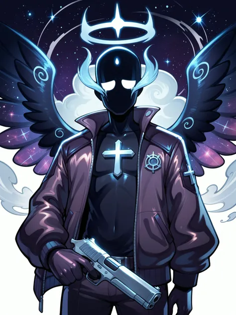 score_9, score_8_up, score_7_up, score_6_up, score_5_up, score_4_up, (derpibooru_p_95), holding gun, holy pistol, tears, source_cartoon, solo, cowboy shot, fallen angel, (faceless, eyeless, void face, cross face mark:1.2), made from smoke, spirit, digital art, male, creature, cosmic, monster, skinny, galaxy skin, halo, wings, techwear jacket, simple white background