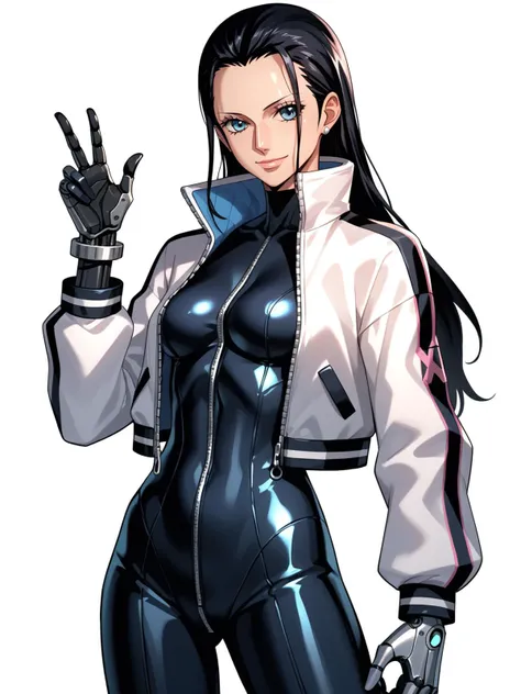 score_9, score_8_up, score_7_up, score_6_up, score_5_up, score_4_up, (derpibooru_p_95), source_cartoon, rating_save, digital art, solo, robot body, cybernetic arms, cybernetic neck, cyberpunk, cowboy shot, one piece, nico robin, dressed in white jacket, zipped jumpsuit, peace sign, small breasts, simple white background