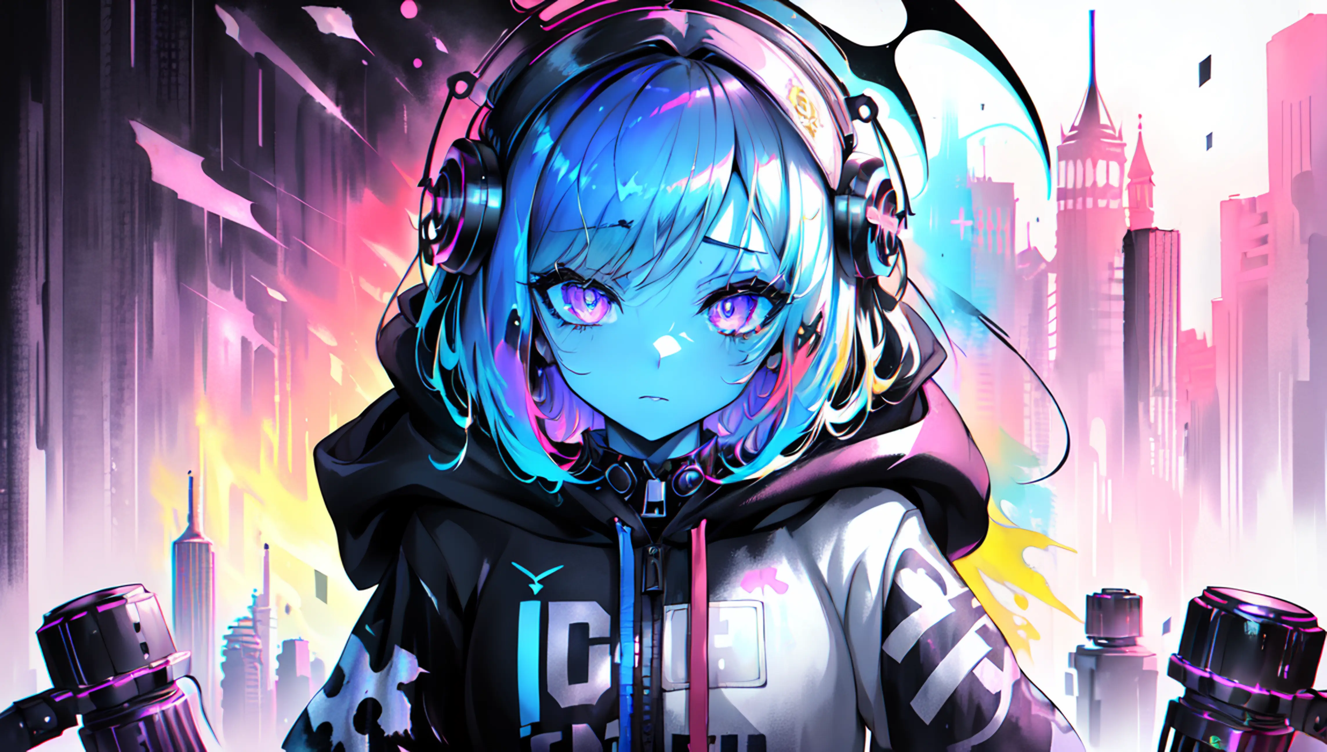 (art by Cornflower), (mdjrny-pntrt:1.3), (dalcefo), vaporwave,
1 (slim:1.3) girl in hoodie, the girl has dreamy pupils, (look at veiwer:1.2),
rainy city street,
(chromatic aberration), (ink splash:1.3), (ink and wash painting), (partially colored:1.3), (graphite:1.2)