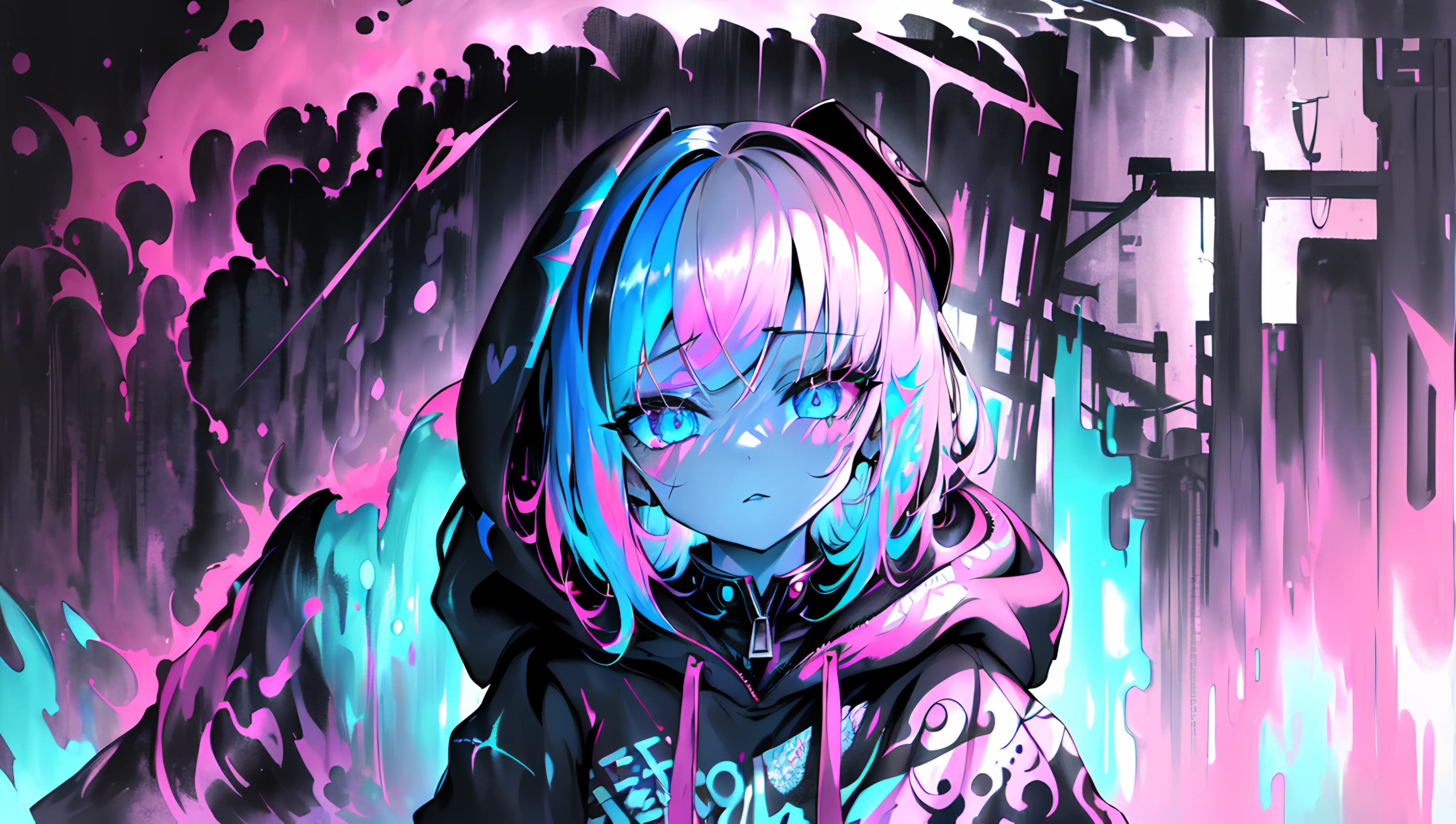 (art by Cornflower), (mdjrny-pntrt:1.3), (dalcefo), vaporwave,
1 (slim:1.3) girl in hoodie, the girl has dreamy pupils, (look at veiwer:1.2),
rainy city street,
(chromatic aberration), (ink splash:1.3), (ink and wash painting), (partially colored:1.3), (graphite:1.2)