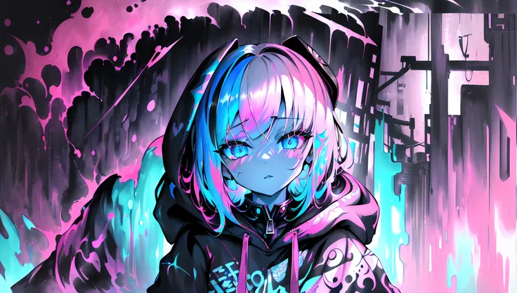 (art by Cornflower), (mdjrny-pntrt:1.3), (dalcefo), vaporwave, 
1 (slim:1.3) girl in hoodie, the girl has dreamy pupils, (look at veiwer:1.2), 
rainy city street, 
(chromatic aberration), (ink splash:1.3), (ink and wash painting), (partially colored:1.3), (graphite:1.2)