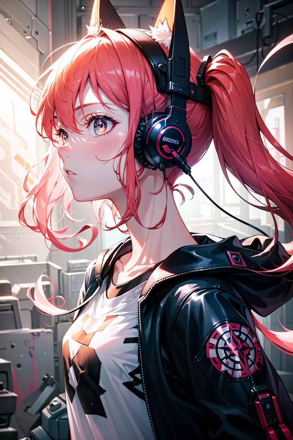 Masterpiece, best quality, colorful, a ager with pink|black pigtails wearing a detailed leather jacket and anime tee-shirt touching a translucent panel, in a dark void filled with small intense light particles, jacket off a shoulder, floating screens in front, dramatic viewing angle, dynamic pose, (face focus close up:1.2), detailed headphones with neon ears
All in view
Depth of field, high resolution, extreme intricate details, dramatic shadows, global illumination