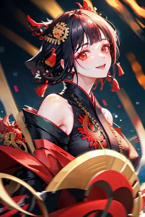 (mature female, medium breasts, upper body, black hair,smile, red eyes), (beautiful embroidery kimono:1.4), 1girl, solo, japanese clothes, bare shoulder, (neat:1.2) hair, blunt bangs, looking at viewer, (depth of field:1.3), blurry, (blurry background:1.2), (bokeh:1.5), (dynamic angle:1.3), (from front:0.7), (mdjrny-pntrt:0.1)