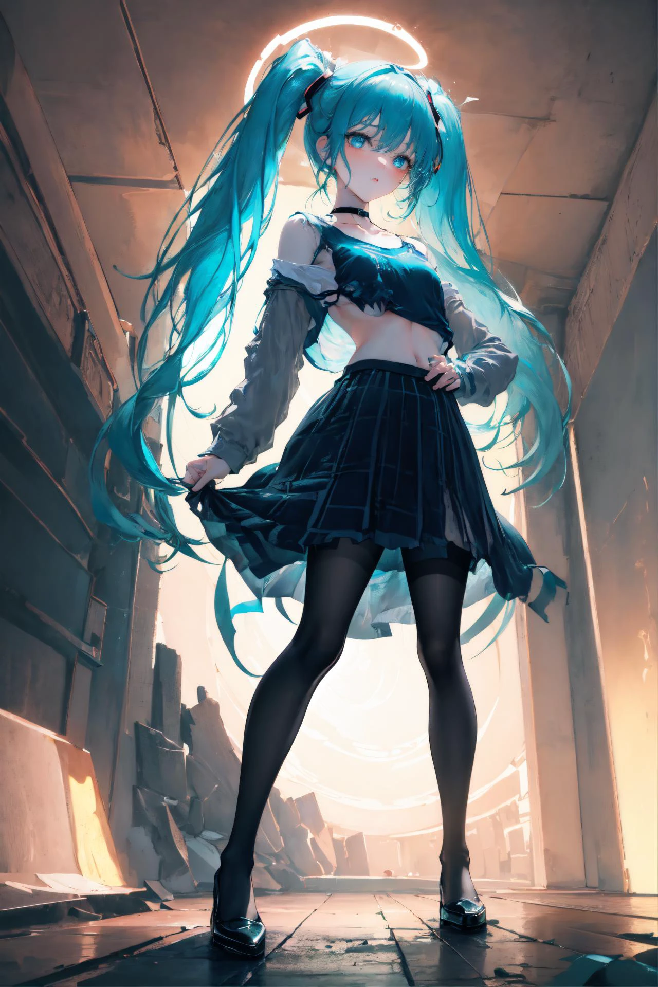 (QUALITY:0)
8k, 8k wallpaper, (an extremely delicate and beautiful:1.1), (beautiful detailed eyes:1.3), (best illustration:1.1), (best quality:1.3), (best shadow:1.1), (cinematic lighting:1.2), detailed eyes, (detailed_light:1.1), (dreamy:1.1), (extremely detailed CG unity 8k wallpaper:1.1), highres, (masterpiece:1.3), official_art, ray tracing, (stylized:1.3), trending on artstation, (ultra_detailed:1.2)
(STYLE & COMPOSITION:0)
1girl, (from_below, full_body:1.4), solo
(POSE & EXPRESSION:0)
blush, expressionless, head_tilt, legs_apart, lips_apart, looking_at_viewer, standing
(CHARACTER:0)
aqua_eyes, aqua_hair, aqua_twintails, argyle_pantyhose, black_pantyhose, bare_shoulders, (black_shirt:1.2), black_skirt, breasts_apart, choker, collarbone, Hatsune_Miku, high_heels, high-waist_skirt, (innerboob:1.2), lips, long_sleeves, makeup, (messy_hair:1.2), navel, plaid_skirt, shiny_hair, (shirt_tucked_in:1.2), (small_breasts:1.3), tattoo, thigh_belt, very_long_hair
(BACKGROUND:0)
night, shipyard
(TEXTUAL INVERSION:0)
