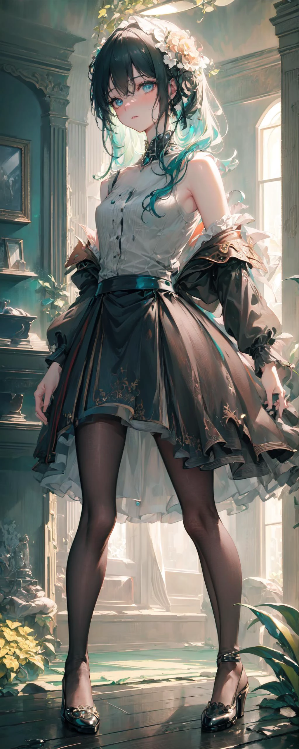 (QUALITY:0)
8k, 8k wallpaper, (an extremely delicate and beautiful:1.1), (beautiful detailed eyes:1.3), (best illustration:1.1), (best quality:1.3), (best shadow:1.1), (cinematic lighting:1.2), detailed eyes, (detailed_light:1.1), (dreamy:1.1), (extremely detailed CG unity 8k wallpaper:1.1), highres, (masterpiece:1.3), official_art, ray tracing, (stylized:1.3), trending on artstation, (ultra_detailed:1.2)
(STYLE & COMPOSITION:0)
1girl, (from_below, full_body:1.4), solo
(POSE & EXPRESSION:0)
blush, head_tilt, legs_apart, lips_apart, looking_at_viewer, standing, unamused
(CHARACTER:0)
aqua_eyes, aqua_hair, aqua_twintails, argyle_pantyhose, black_pantyhose, bare_shoulders, black_shirt, black_sirt, breasts_apart, crop_top, cropped_shirt, collarbone, Hatsune_Miku, high_heels, high-waist_skirt, lips, long_sleeves, makeup, (messy_hair:1.2), plaid_skirt, shiny_hair, shrug_\(clothing\), (small_breasts:1.3), very_long_hair
(BACKGROUND:0)
(TEXTUAL INVERSION:0)