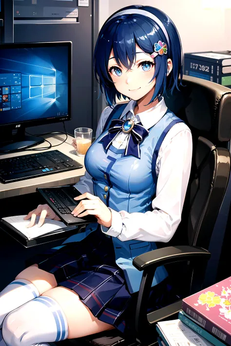 <lora:os-tan_7-tan:0.6>,madobe nanami,nanami,hairclip,hairband,hair ornament,long sleeves,skirt,thighhighs,shy,sitting in front of a computer,simple simple background,smile,
