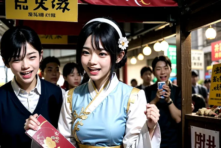 <lora:os-tan_7-tan:0.6>,madobe nanami,nanami,hairclip,hairband,hair ornament,white traditional hanfu with gold embroidery,simple background,(:laughing:1.4),passing through a traditional chinese market during a festival,