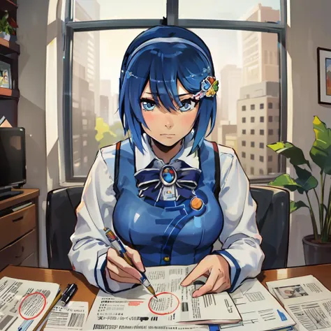 1girl, madobe nanami is looking for job offerings in the newspaper, looking down, holding a marker pen, sitting at a table, perfect face, hair ornament, long sleeves, neutral expression, <lora:os-tan_7-tan:1>