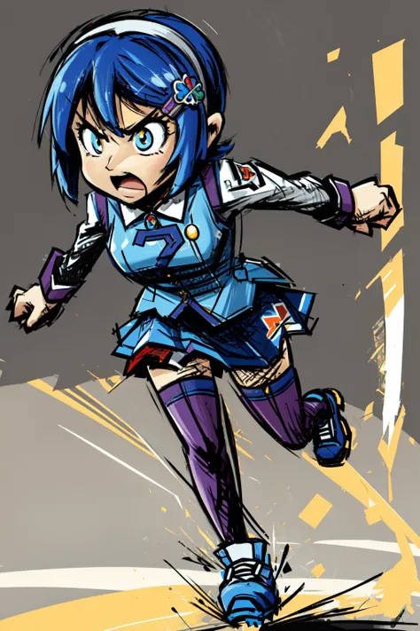 Highly detailed, High Quality, Masterpiece, beautiful, madobe nanami, hairclip, hairband, hair ornament, long sleeves, skirt, thighhighs, <lora:Char_Meme_OSTan:0.8>, Mario Striker Style, angry, <lora:Style_MarioStriker:0.9>, running