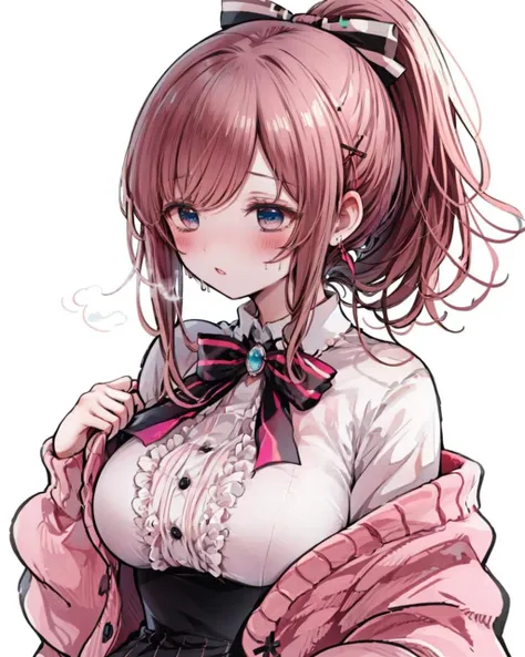 <lora:StyleSak_DropOut:1>,,
1girl, virtual youtuber, suzuhara lulu, solo, breasts, blush, shirt, skirt, bow, brown hair, blue eyes, white background, white shirt, simple background, ponytail, large breasts, pink cardigan, striped, hair ornament, cardigan, hair bow, bangs, center frills, long sleeves, x hair ornament, brooch, jewelry, black bow, striped bow, collared shirt, frills, breath, open clothes, striped skirt, bowtie, off shoulder, sidelocks, long hair, undressing, vertical stripes, closed mouth, jacket, sweat, pink bow, upper body, black skirt, parted lips, vertical-striped skirt, looking away