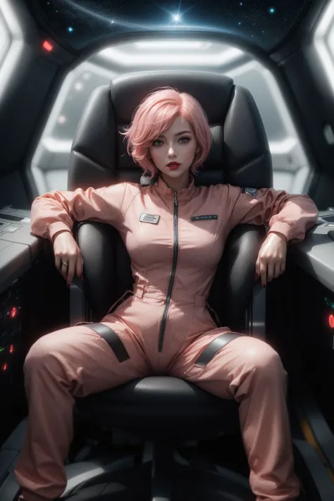 best quality, (1girl, short Salmon Pink hair, red lips), (wearing long sleeves, tight jumpsuit), scifi, pilot chair, space ship, manipulating controls <lora:hairdetailer:.5> <lora:add_detail:0.5> <lora:boldline:0.2>
