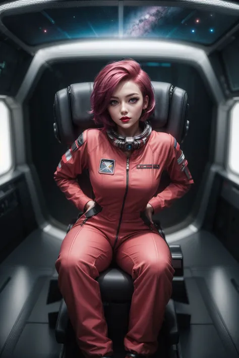 best quality, (1girl, short Magenta hair, red lips), (wearing long sleeves, tight jumpsuit), scifi, pilot chair, space ship, manipulating controls <lora:hairdetailer:.5> <lora:add_detail:0.5> <lora:boldline:0.2>