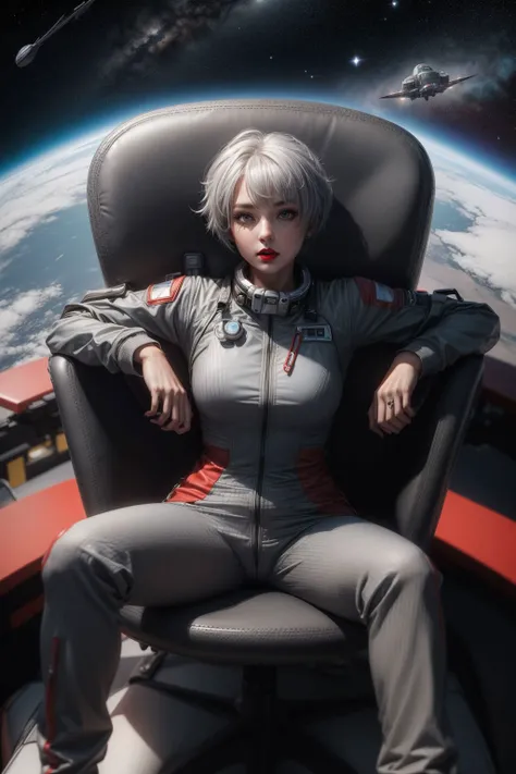 best quality, (1girl, short Gray hair, red lips), (wearing long sleeves, tight jumpsuit), scifi, captains chair, space ship, hands behind head <lora:hairdetailer:.5> <lora:add_detail:0.5> <lora:boldline:0.2>