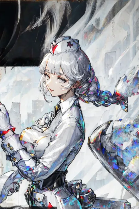 Anime girl, white hair, bangs, eye mask covering eyes and nose, robotic arms, holding eyemask aloft, style fusion of Atey Ghailan and Katsuhiro Otomo, with a blend of soft, pastel colors and dynamic sci-fi elements, digital painting, ultra fine, cinematic
