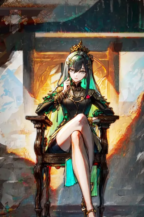 masterpiece, best quality, 1girl, bangs, close-up, closed_mouth,long legs,crossed legs,chair, eyebrows_visible_through_hair, green_hair, grey_eyes, hair_between_eyes, hair_ornament, long_hair, looking_at_viewer, multicolored_hair, solo,jewelry,<lora:BF:1> <lora:Qu:0.6>