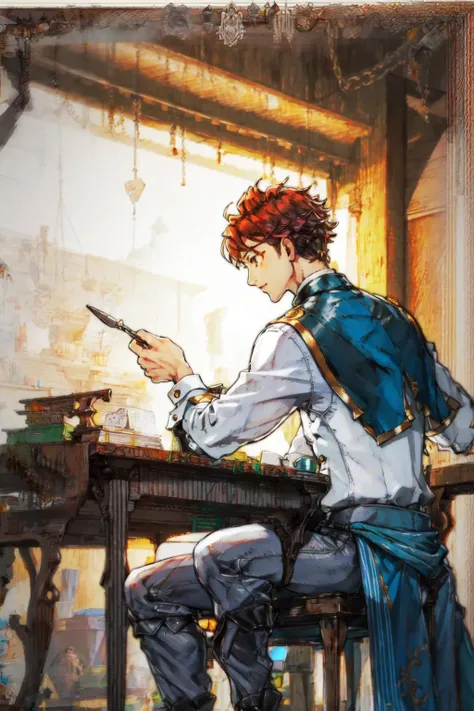 masterpiece,best quality, 1boy, <lora:BF:1>,adjusting clothes, desk