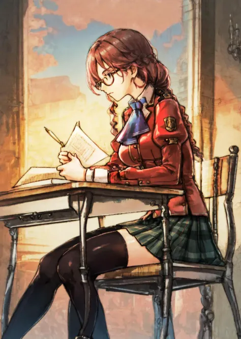 masterpiece:1.2, best quality, emma millstein,  <lora:emma-nvwls-v1-final:0.8>, pinkish brown hair, braided ponytail, blue ascot, school uniform, plaid skirt, black thighhighs, loafers, glasses, writing, sitting at desk, chair, classroom, sitting at desk, upper body, close up, side view, classroom,  <lora:Octopath Style:0.8>