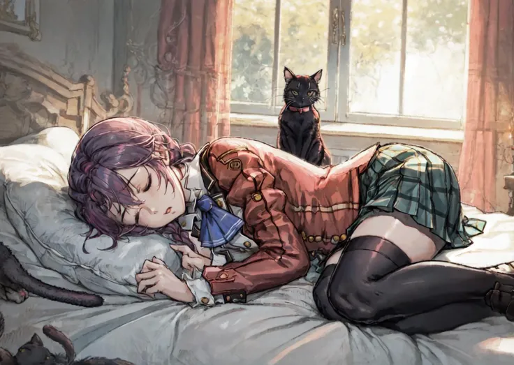 masterpiece:1.2, best quality, 1girl, 1cat, emma millstein, ((pinkish hair)) <lora:emma-nvwls-v1-final:0.8>, braided ponytail, blue ascot, school uniform, plaid skirt, black thighhighs, loafers, side view, laying in bed, sleeping, black cat, <lora:Octopath Style:0.8>