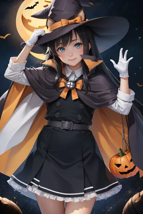 (masterpiece, best quality:1.2), <lyco:kancolle_asashiokainid-10:1.0>, cowboy shot, solo, 1girl, asashioknd, smile, looking at viewer, witch hat, animal ears, halloween costume, pinafore dress, long sleeves, cape, white gloves, night, star \(sky\), jack-o'-lantern