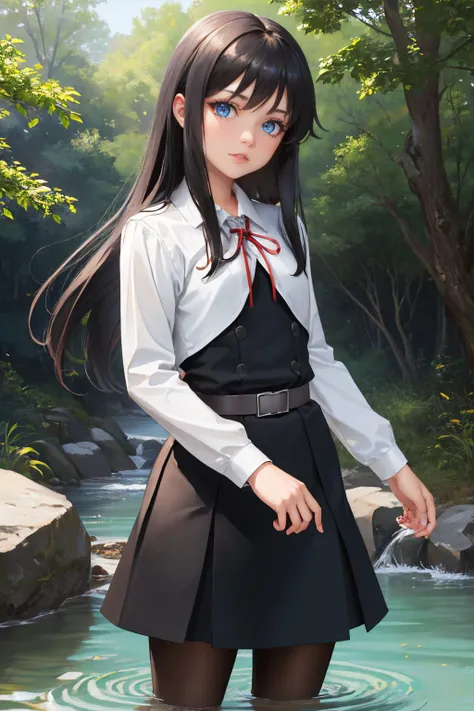 (masterpiece, best quality:1.2), <lyco:kancolle_asashiokainid-10:1.0>, cowboy shot, solo, 1girl, asashioknd, smile, looking at viewer, wading, white shirt, black dress, pinafore dress, neck ribbon, long sleeves, black pantyhose, belt