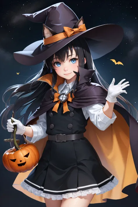 (masterpiece, best quality:1.2), <lyco:kancolle_asashiokainid-10:1.0>, cowboy shot, solo, 1girl, asashioknd, smile, looking at viewer, witch hat, animal ears, halloween costume, pinafore dress, long sleeves, cape, white gloves, night, star \(sky\), jack-o'-lantern
