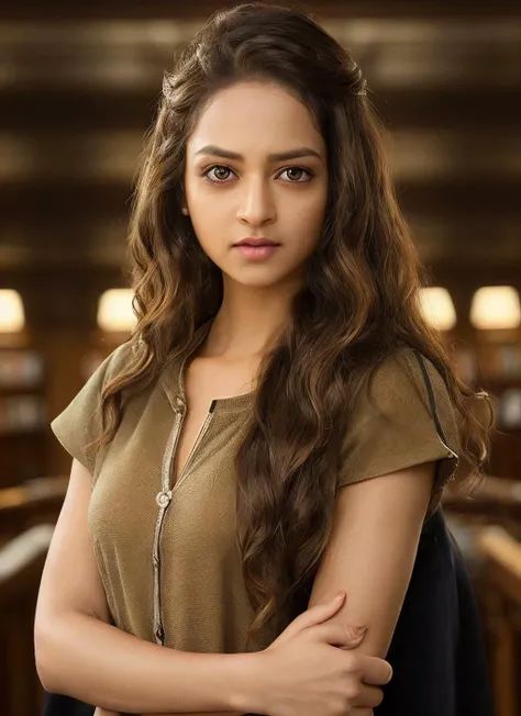 portrait of skswoman, angry , wearing tailored , with light brown Braids , background haunted library epic (photo, studio lighting, hard light, sony a7, 50 mm, matte skin, pores, colors, hyperdetailed, hyperrealistic), <lyco:Shanvi Srivastava:1.1>