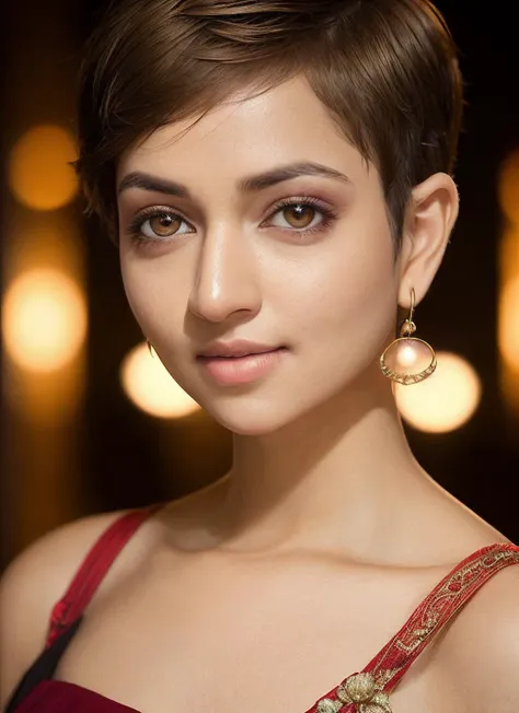 portrait of skswoman, :| , wearing runway fashion , with light brown Pixie cut , background fire epic (photo, studio lighting, hard light, sony a7, 50 mm, matte skin, pores, colors, hyperdetailed, hyperrealistic), <lyco:Shanvi Srivastava:1.1>