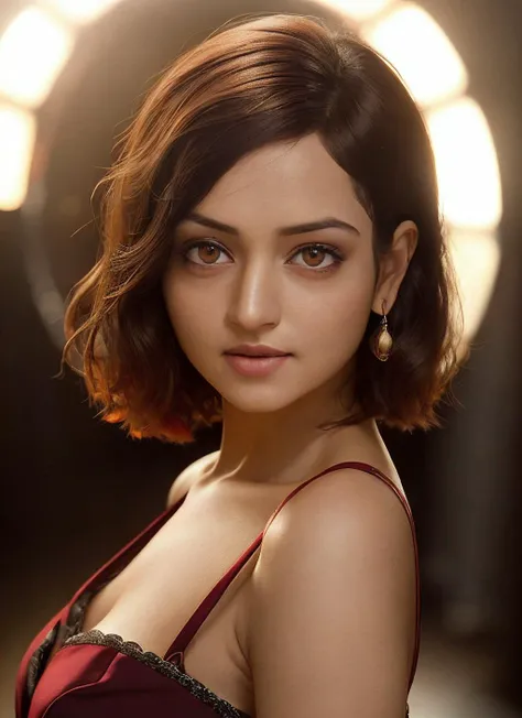 portrait of skswoman, anxious , wearing suit , with dark red Lob (long bob) , background Alphonse Mucha epic (photo, studio lighting, hard light, sony a7, 50 mm, matte skin, pores, colors, hyperdetailed, hyperrealistic), <lyco:Shanvi Srivastava:1.1>
