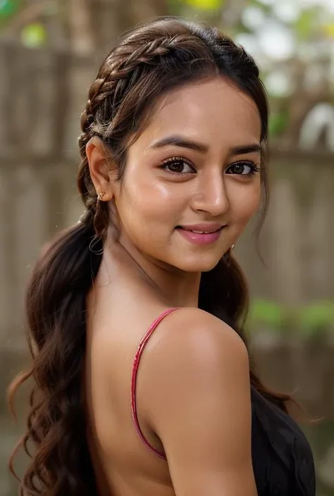 <lyco:Shanvi Srivastava:1.0>, twin braided, black , very long hair, (face portrait:1.2),(PERFECT FACE DETAILS),(( half body)), smiling, looking at the viewer, backless