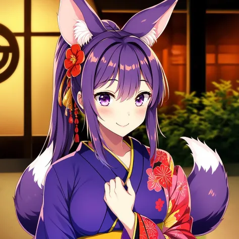 (masterpiece:1,2), best quality,
1girl, animal ears, solo, tail, kimono, hair ornament, purple hair, smile, flower, hair flower, long hair, fox shadow puppet, obi, sash, blush, animal ear fluff, looking at viewer, ponytail, wide sleeves, bangs, long sleeves, hair between eyes, closed mouth, pink kimono, red flower, print kimono, hand on own chest, sidelocks, branch
 <lora:tateha:1>