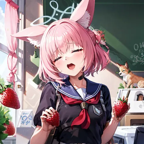 (masterpiece_1.3), (best quality_1.2), 1girl,niko, 1girl, short hair, blue eyes, animal ears, school uniform, pink hair, pantyhose, fox ears, halo, armband, holster,closed eyes,open mouth,food,holding,fruit,strawberry,holding food,upper body,shool,indoor,<lora:30_NSTYL:1:POSE> ,<lyco:GoodHands-beta2:0.5> <lora:Niko:0.85>