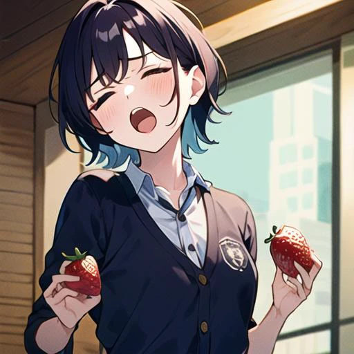 (masterpiece_1.3), (best quality_1.2), 1girl,(fukumaru_koito), purple eyeshort hair,<lyco:GoodHands-beta2:0.5>closed eyes,open mouth,food,holding,fruit,strawberry,holding food,upper body,shool,indoor,<lora:30_NSTYL:1:POSE> <lora:noctchill:1>