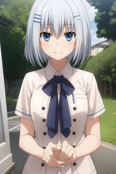 Highest quality, 1 person, bashful girl, uniform, short hair, white hair side tie_panties, Skirt blown in the wind, High school girl on the bed, very expressive eyes, School uniform, short skirt, cyan eyes, short stature, front view