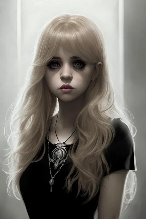 upper body shot of goth woman (cr33pych4n:1) with blonde long hair wearing white t-shirt, trending on ArtStation, trending on CGSociety, Intricate, High Detail, Sharp focus, dramatic, photorealistic painting art by midjourney and greg rutkowski