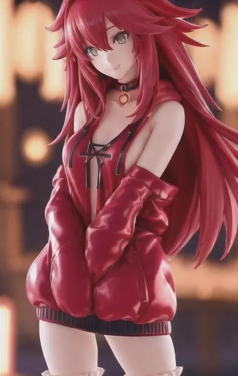 35 mm, 8k, cinematic lighting, cinematic backdrop, plastic material, realistic,1girl with long red hair wearing an oversized hoodie and thigh black socks , pink choker on the neck <lora:Plastiq:0.7>