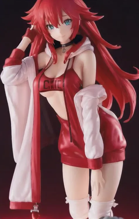 35 mm, 8k, cinematic lighting, cinematic backdrop, plastic material, realistic,1girl with long red hair wearing an oversized hoodie and thigh black socks , pink choker on the neck <lora:Plastiq:0.7>