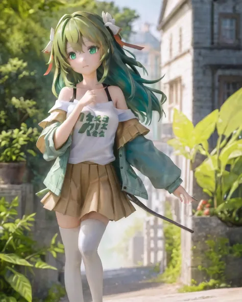 (masterpiece), illustration, 4k, 8k, (ultra detail:1.1), highly detailed, detailed face, HDR, cinematic lighting, natural lighting, 1girl, (straight green hair), wearing oversized t-shirt, off shoulder t-shirt, pleated skirt, hair ribbon, standing in the middle of a main street, <lora:plastiq_10:0.7>