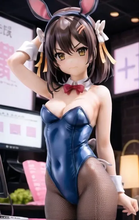 35 mm, 8k, cinematic lighting, cinematic backdrop, plastic material, anime screencap, 1girl, animal ears, annoyed, brown eyes, brown hair, computer, fake animal ears, leotard, looking at viewer, mouse \(computer\), pantyhose, playboy bunny, screencap, short hair, solo, suzumiya haruhi, (suzumiya haruhi no yuuutsu) <lora:Plastiq:0.7>