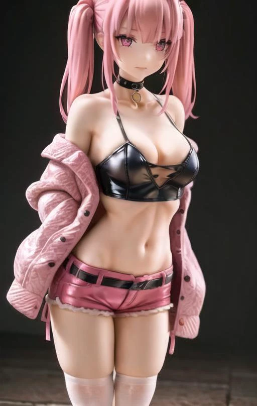 35 mm, 8k, cinematic lighting, close up photography , miniature , blurry background , 1girl, bangs, bare_shoulders, belt, black_choker, breasts, bremerton_\(azur_lane\), choker, collarbone, crop_top, full_body, hair_between_eyes, hair_ornament, jacket, long_hair, long_sleeves, looking_at_viewer, midriff, multicolored_hair, navel, off_shoulder, open_clothes, open_jacket, pink_eyes, pink_footwear, pink_hair, shoes, short_shorts, shorts, solo, standing, streaked_hair, thighhighs, thighs, twintails, white_legwear<lora:Plastiq:0.7>