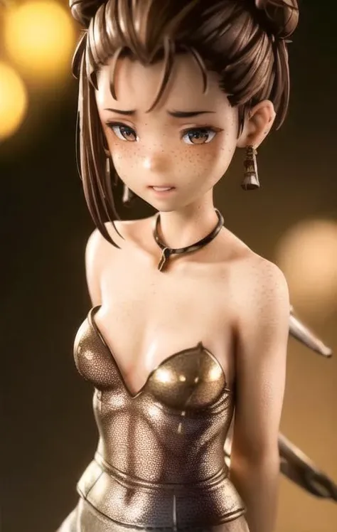 35 mm, 8k, cinematic lighting, close up photography , miniature , blurry background , sam yang, 1girl, art of ellie from the last of us, backlighting, bare shoulders , collarbone, earrings, forehead, freckles, hair over shoulder, jewelry, short hair bun, looking down, pointy nose, gold lips, shadow, <lora:Plastiq:0.7>