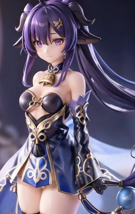35 mm, 8k, cinematic lighting, close up photography , miniature , blurry background , 1girl, ahoge, bare_shoulders, bell, black_gloves, blue_background, blue_hair, breasts, cowbell, cowboy_shot, detached_sleeves, ganyu_\(genshin_impact\), gloves, goat_horns, horns, long_hair, long_sleeves, looking_at_viewer, low_ponytail, medium_breasts, orb, pelvic_curtain, purple_eyes, simple_background, solo, tassel, vision_\(genshin_impact\) <lora:Plastiq:0.7>
