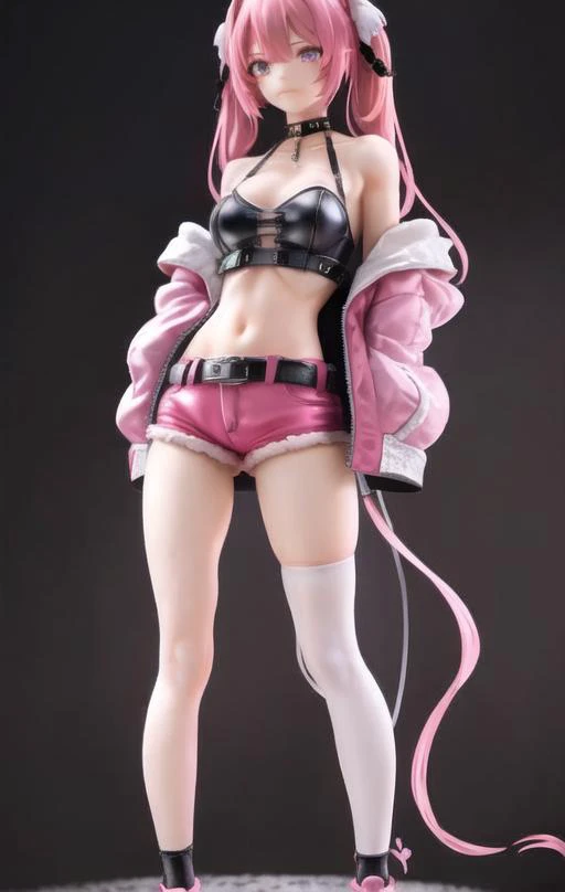 35 mm, 8k, cinematic lighting, close up photography , miniature , blurry background , 1girl, bangs, bare_shoulders, belt, black_choker, breasts, bremerton_\(azur_lane\), choker, collarbone, crop_top, full_body, hair_between_eyes, hair_ornament, jacket, long_hair, long_sleeves, looking_at_viewer, midriff, multicolored_hair, navel, off_shoulder, open_clothes, open_jacket, pink_eyes, pink_footwear, pink_hair, shoes, short_shorts, shorts, solo, standing, streaked_hair, thighhighs, thighs, twintails, white_legwear<lora:Plastiq:0.7>