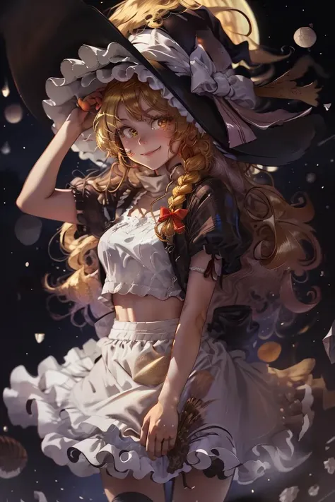 ((masterpiece,best quality)), absurdres,, Kirisame_Marisa_Touhou,   1girl, blonde hair, kirisame marisa, solo, long hair, braid, bow, black witch hat, yellow eyes, single braid, hair bow, black skirt, apron,  solo, smiling, looking at viewer, cowboy shot, full moon, big moon <lora:Kirisame_Marisa_Touhou:0.9> kirisame_marisa_touhou, kirisame marisa, braid, bow, hat, witch hat, single braid, looking at viewer, blush <lora:Unleashed_V2:0.8>