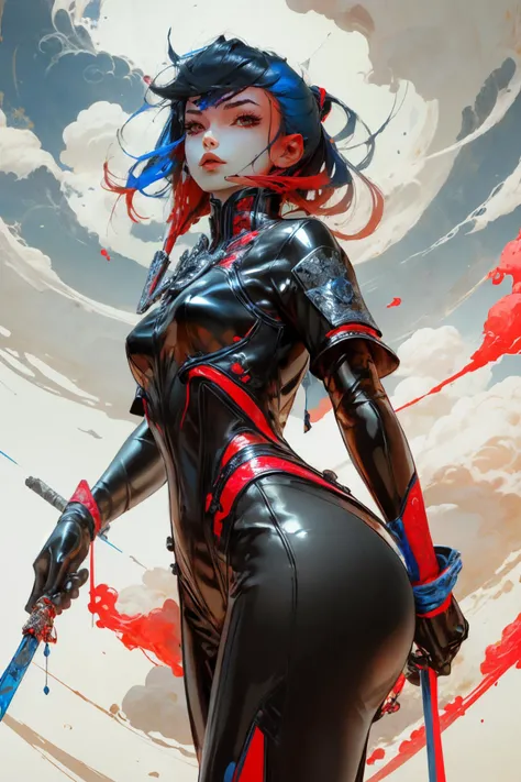 <lora:countess_(paragon)-000015:1.0> countess \(paragon\), paragon, latex, female,
red hair, blue hair,
<lora:Unleashed_V1.5_prunned:1.95> clouds, colorful,, shiny, shiny hair, shiny skin, shiny clothes