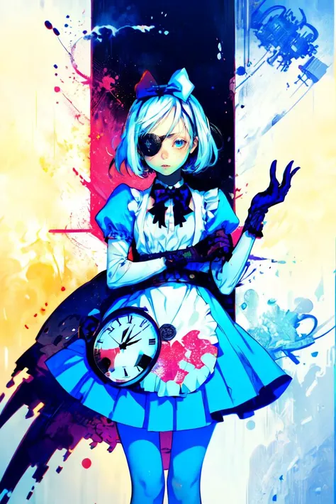 (masterpiece, best quality, ultra detailed), alice in wonderland, (selective color bow, blue and white:1.2), 1girl, solo, cowboy shot, jacket, adjusting gloves, <lora:Saya-adjusting gloves:1>, bow on head, aliceinwonderlandoutfit, <lora:alice_in_wonderland_outfit-v1:0.8>, (clock:1.2), wheel, gear, <lora:Unleashed_V2:1.3>, <lora:add_detail:0.3>, left-eyepatch, decorated, <lora:eyepatch:0.8>