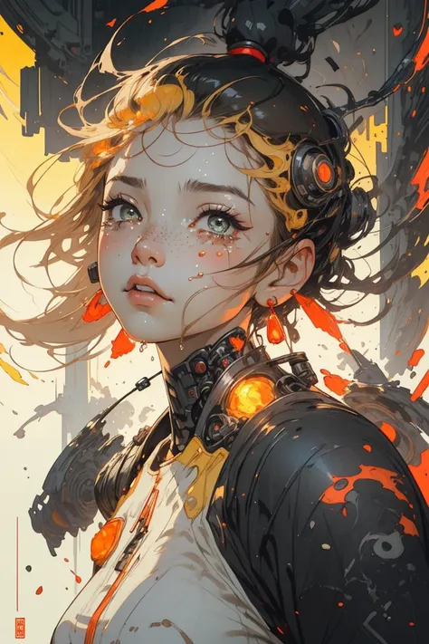 (Damaged Digital Artwork:1.3) of (Detailed illustration:1.3) A photo of a girl, blond hair, long hair, freckles, earrings, (upper body:1.1), particles, sparkles, flames, (tears:1.2), (crying:1.4), (wet face:1.1), (torn clothes:1.2), abstract, bangs, hearts <lora:Unleashed_V1.5_prunned:1.55>, colorful, clouds, fire,,CGSociety,ArtStation,(Yellow hue:1.3),robot,((cyborg)),machine,futuristic,concept Art by senior character Artist,featured on zbrush central,trending on polycount,trending on ArtStation,CGSociety,hard surface modeling, shiny, shiny hair, shiny skin, shiny clothes, masterpiece, extreme details, detailed, focus, masterpiece, realistic, photorealistic, 4k, 8k, 16k, highres