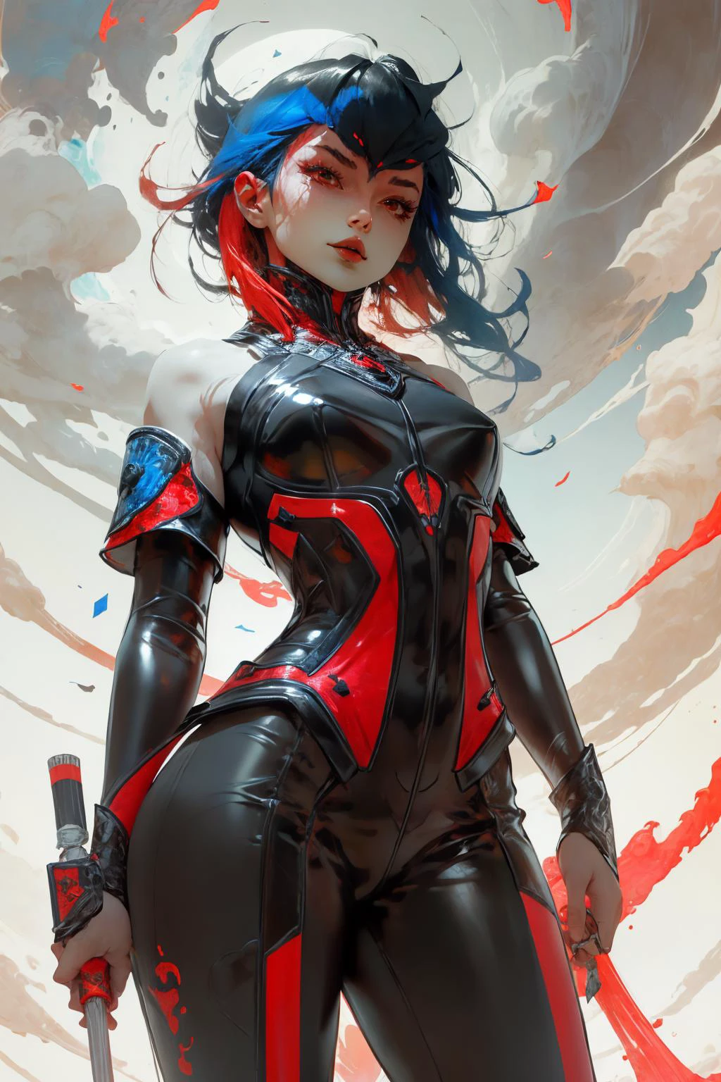 <lora:countess_(paragon)-000015:1.0> countess \(paragon\), paragon, latex, female,
red hair, blue hair,
<lora:Unleashed_V1.5_prunned:1.95> clouds, colorful,, shiny, shiny hair, shiny skin, shiny clothes